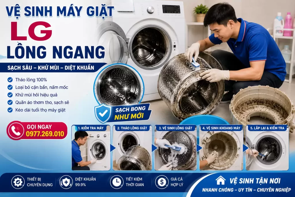 Quần áo dính cặn đen hôi rình? Thợ nhận vệ sinh máy giặt LG lồng ngang tận nhà. Rã toàn bộ lồng inox xịt bùn đất, dọn dẹp sạch sẽ